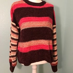 Woven Heart Striped Long Sleeve Chenille Sweater